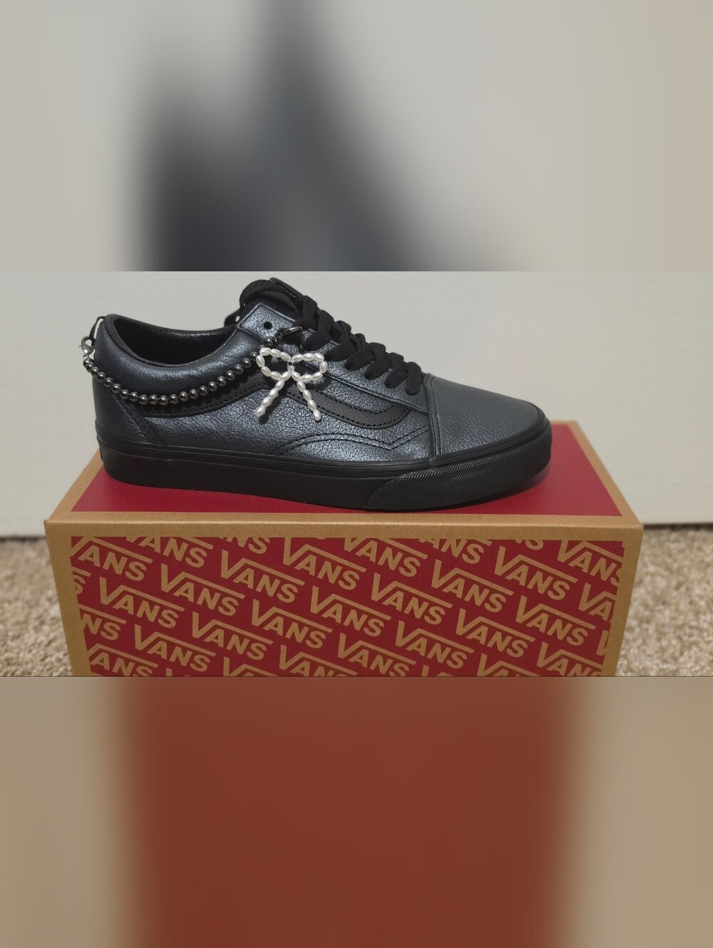 Vans Black Leather Old Skool with Pearl Chain Accent